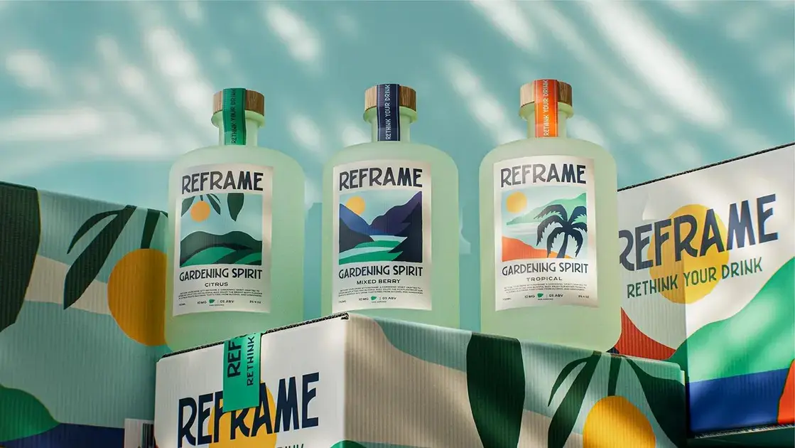 Reframe: embalagem inspirada em viagem mid‑century com visual vibrante